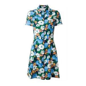 NWT Carven Blue Floral Crepe Button Up Mini Dress